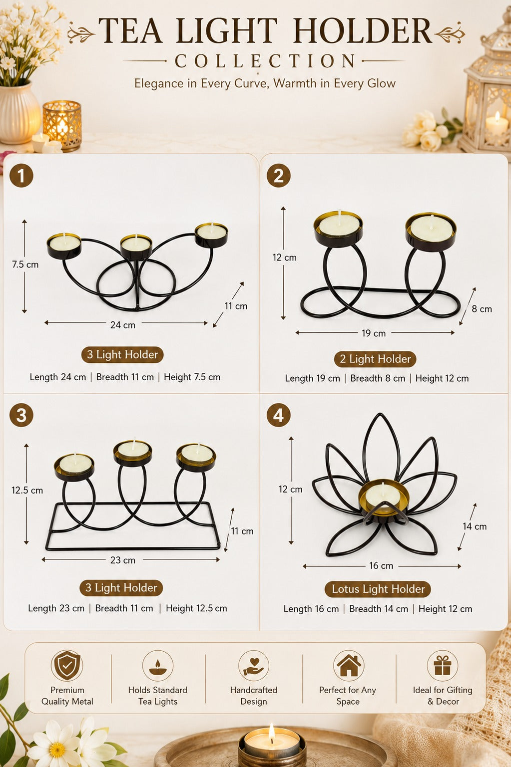 Modern Metal Tea Light Candle Holder Set of 4 | 2 Cup, 3 Cup & Lotus Design Decorative Candle Stand Collection for Home Living Room Table Décor, Festivals & Gifting