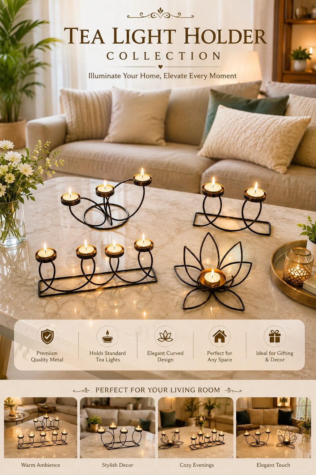 Modern Metal Tea Light Candle Holder Set of 4 | 2 Cup, 3 Cup & Lotus Design Decorative Candle Stand Collection for Home Living Room Table Décor, Festivals & Gifting