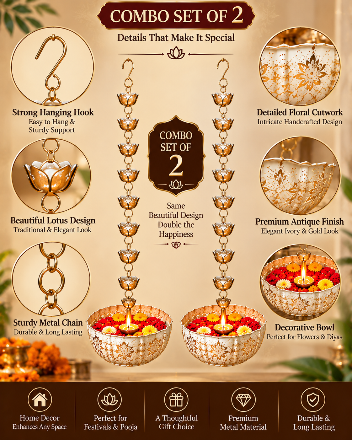 Combo Set of 2 Hanging Lotus Urli Bowl – Features