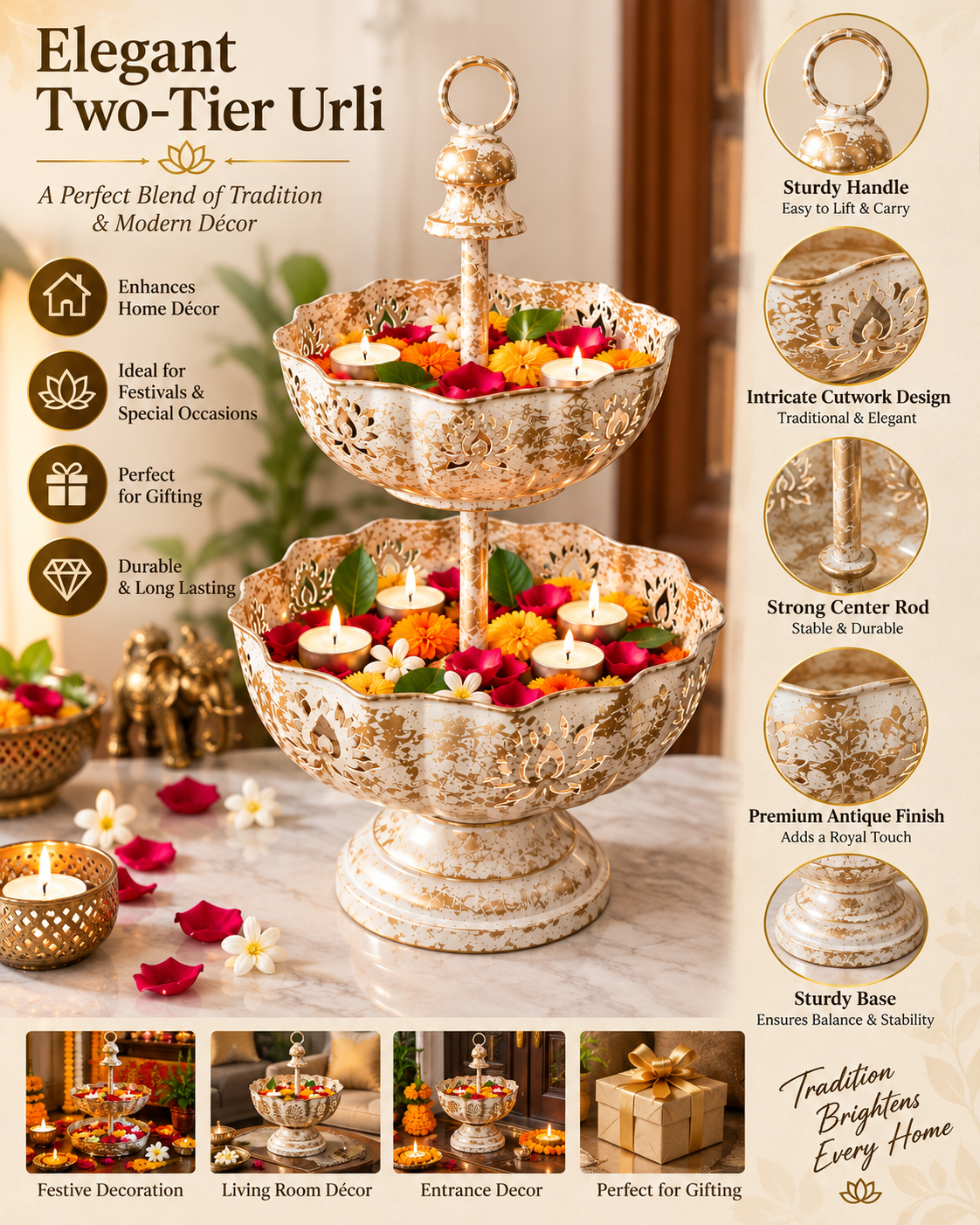 Elegant two-tier antique gold and ivory urli bowl