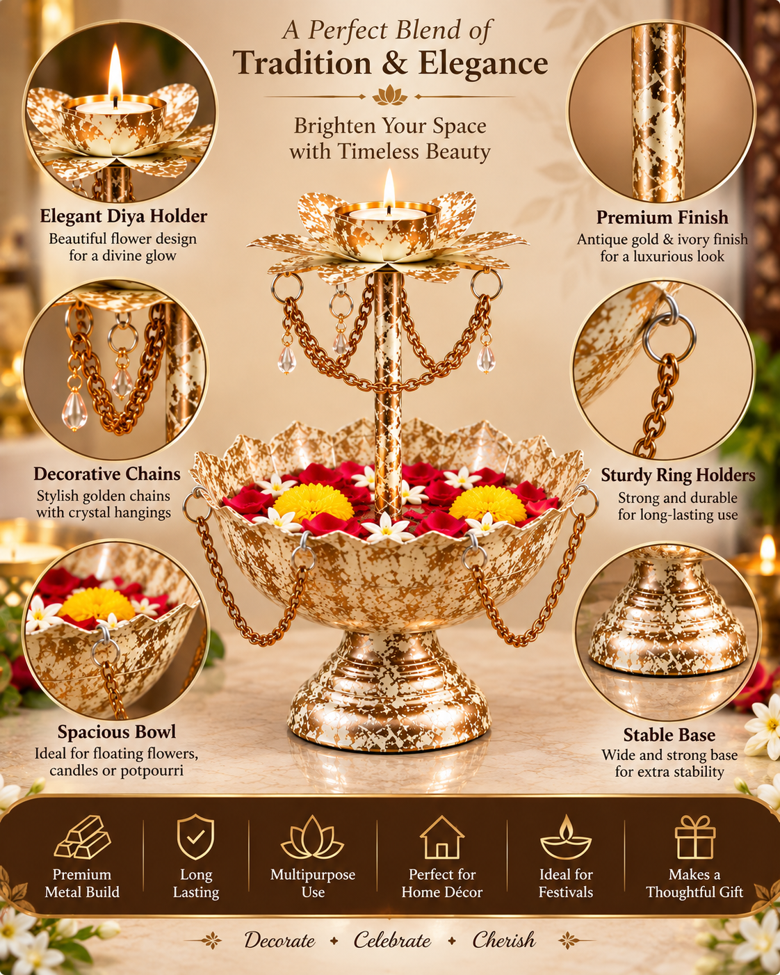 Antique gold and ivory urli bowl features