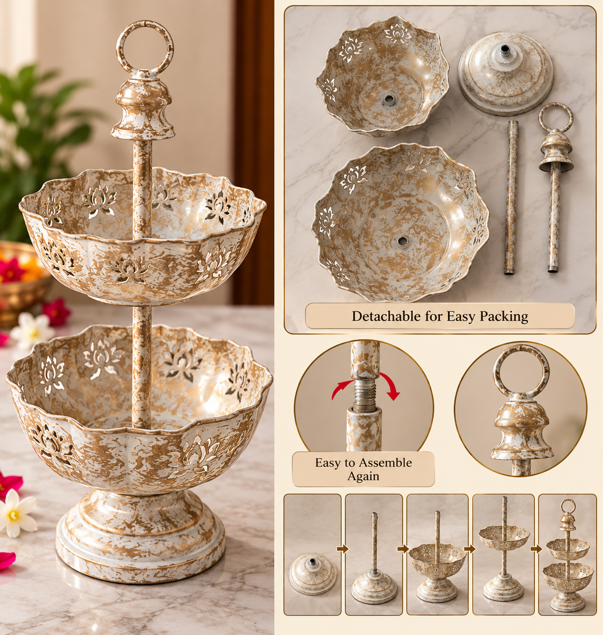 Two-tier urli bowl detachable assembly and product details