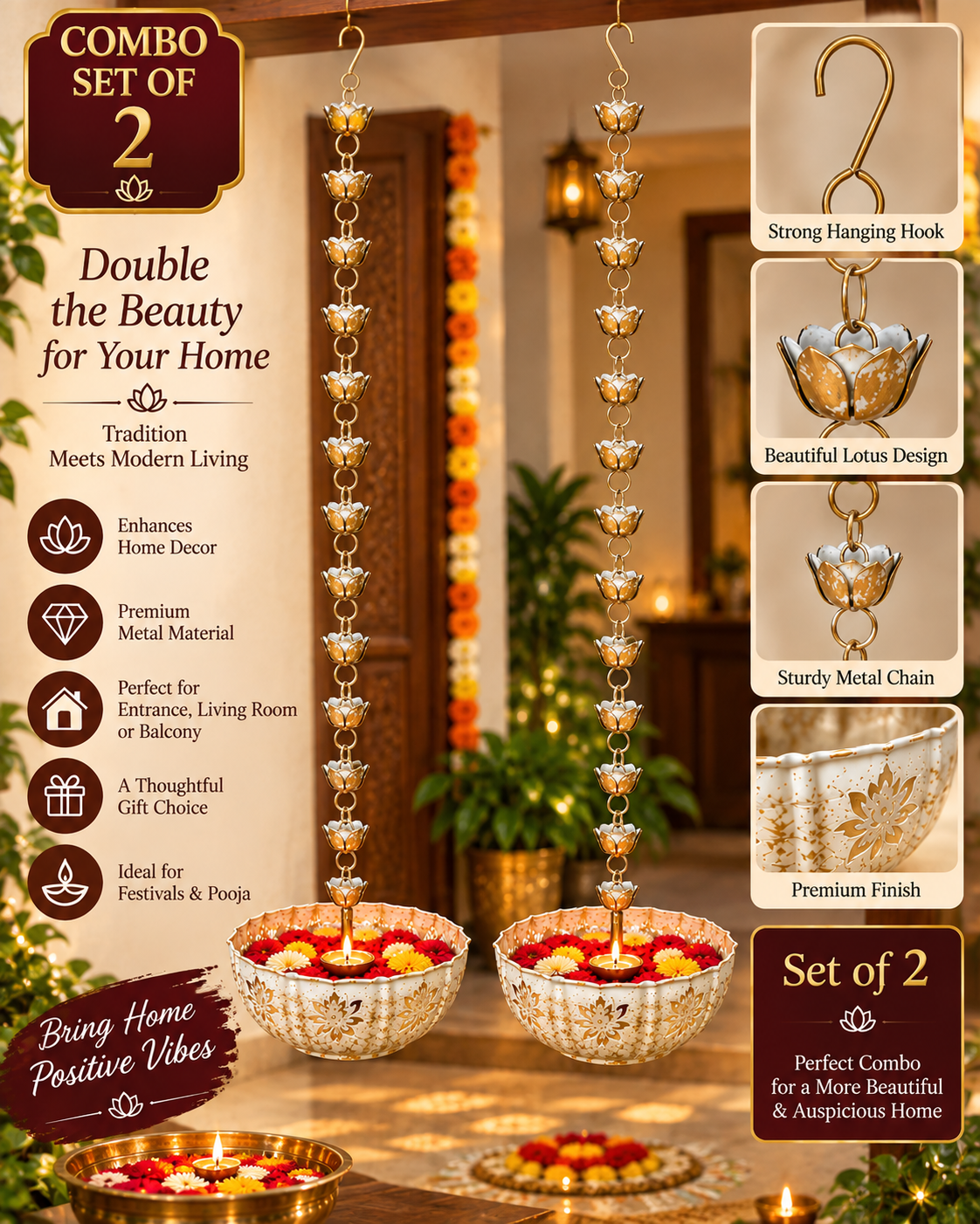 Combo Set of 2 Hanging Lotus Urli Bowl – Product Details
