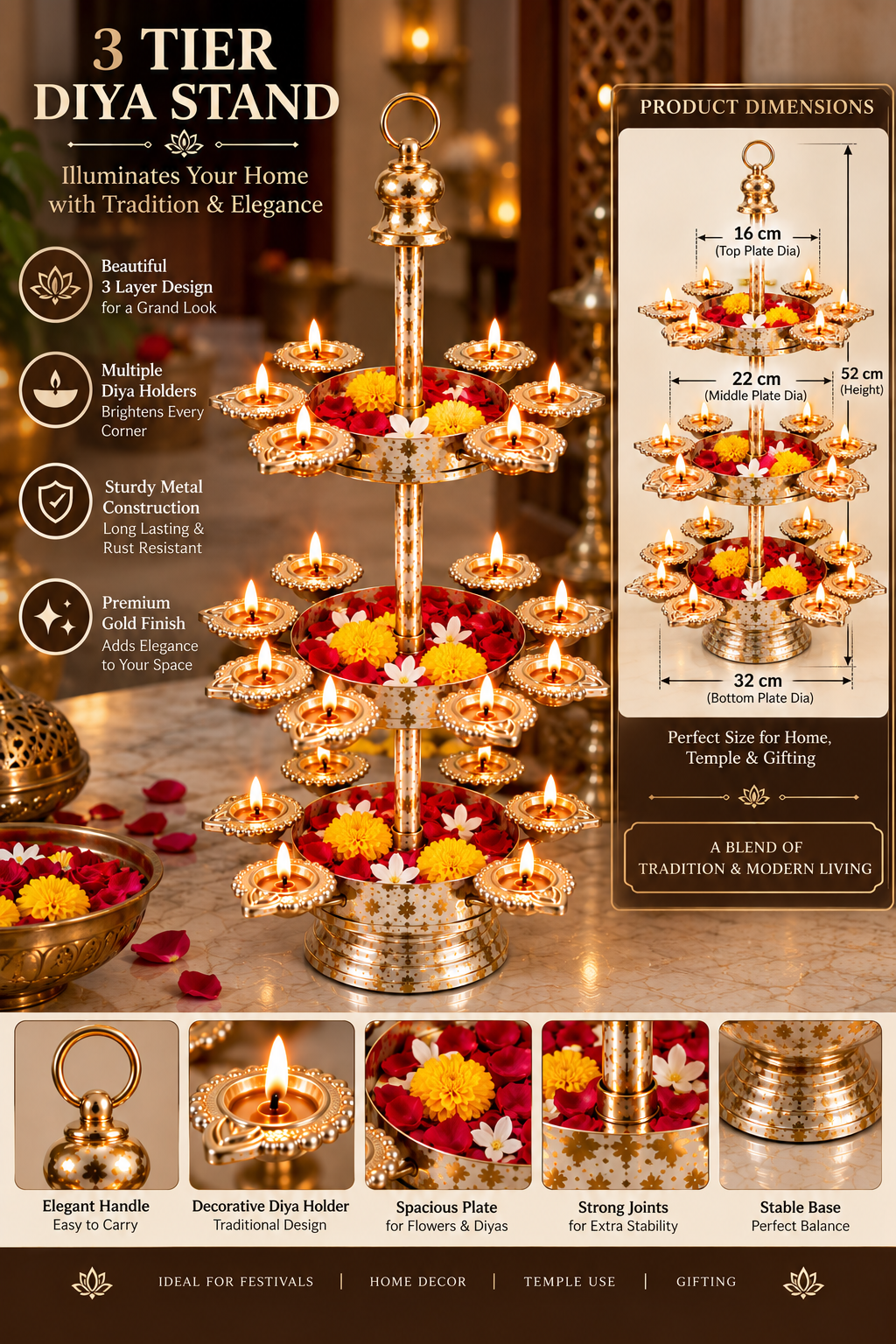 3 Tier Diya Stand – Dimensions and Features