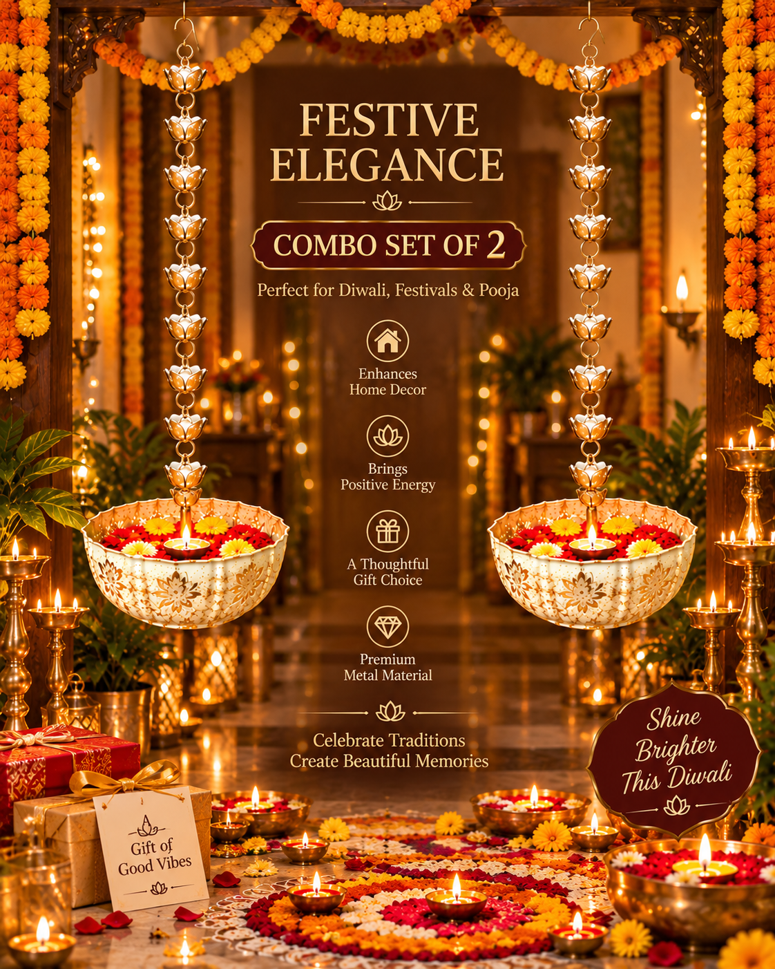 Combo Set of 2 Hanging Lotus Urli Bowl – Festive Decor