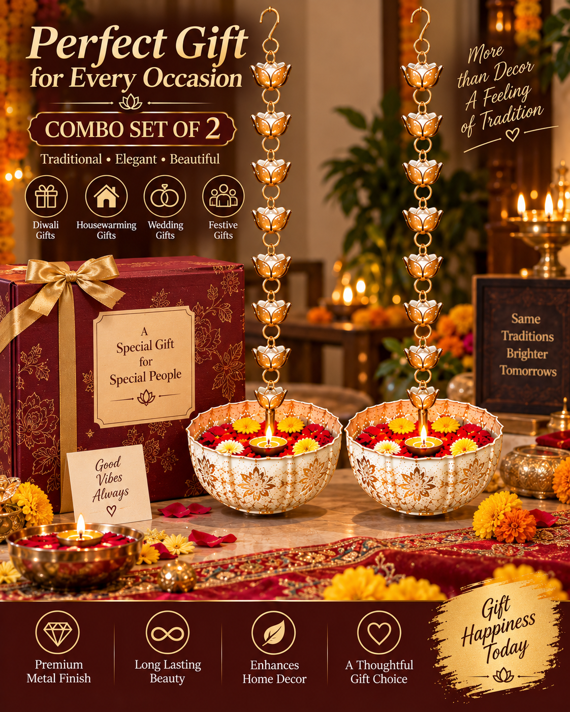 Combo Set of 2 Hanging Lotus Urli Bowl – Gifting