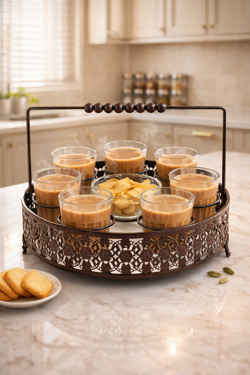 Premium Cutting Chai Glass Set of 6 with Sugar Bowl & Metal Holder | Designer Brown Iron Stand with Handle | Tea Serving Set for Home, Café, Restaurant & Kitchen Use