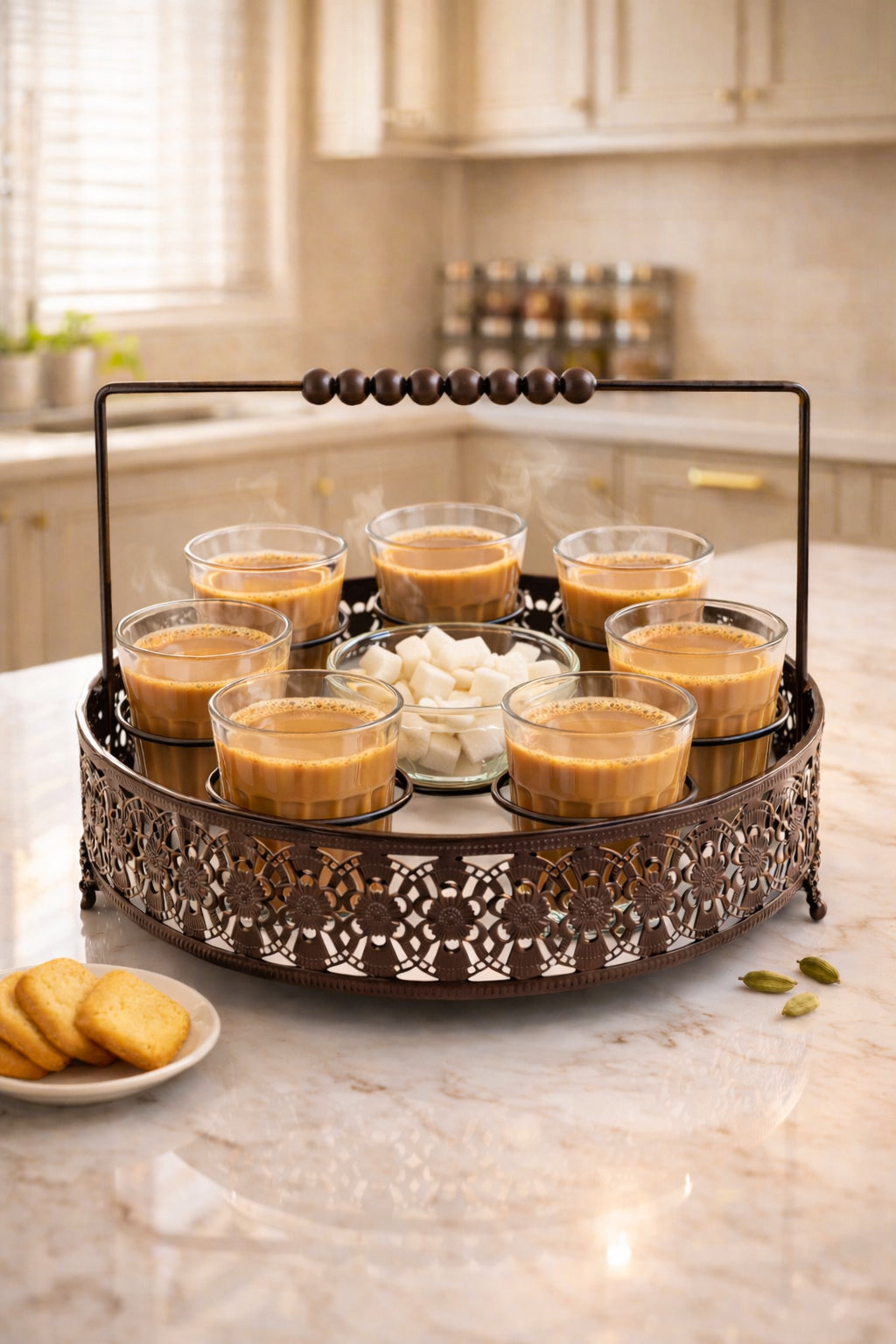 Premium Cutting Chai Glass Set of 6 with Sugar Bowl & Metal Holder | Designer Brown Iron Stand with Handle | Tea Serving Set for Home, Café, Restaurant & Kitchen Use