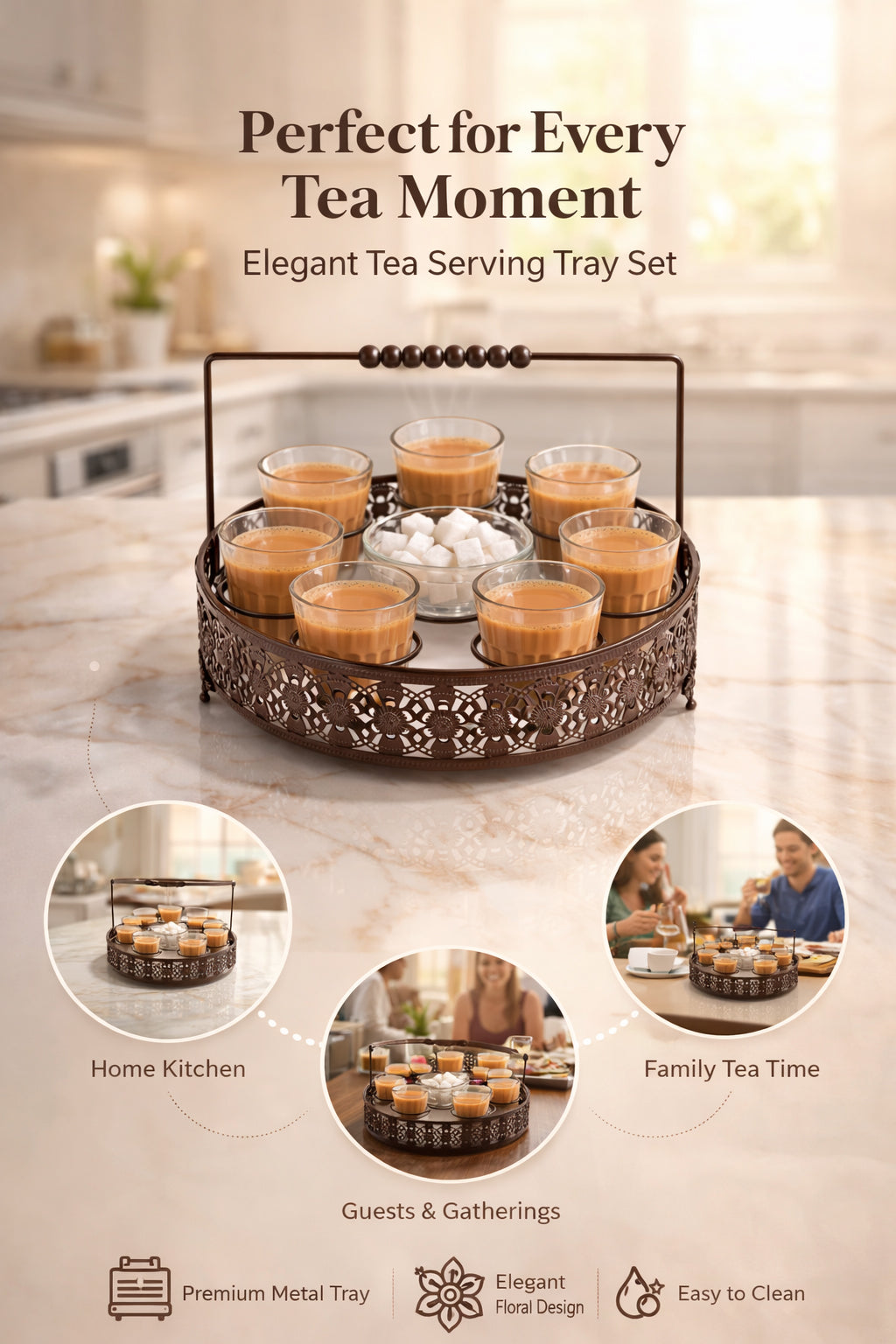 Premium Cutting Chai Glass Set of 6 with Sugar Bowl & Metal Holder | Designer Brown Iron Stand with Handle | Tea Serving Set for Home, Café, Restaurant & Kitchen Use