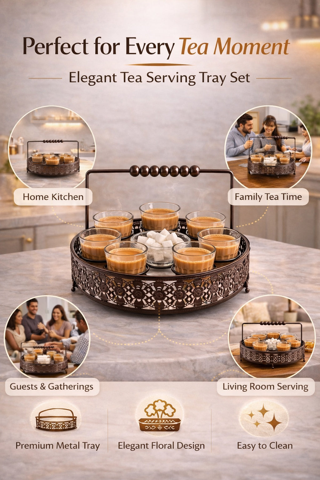 Premium Cutting Chai Glass Set of 6 with Sugar Bowl & Metal Holder | Designer Brown Iron Stand with Handle | Tea Serving Set for Home, Café, Restaurant & Kitchen Use