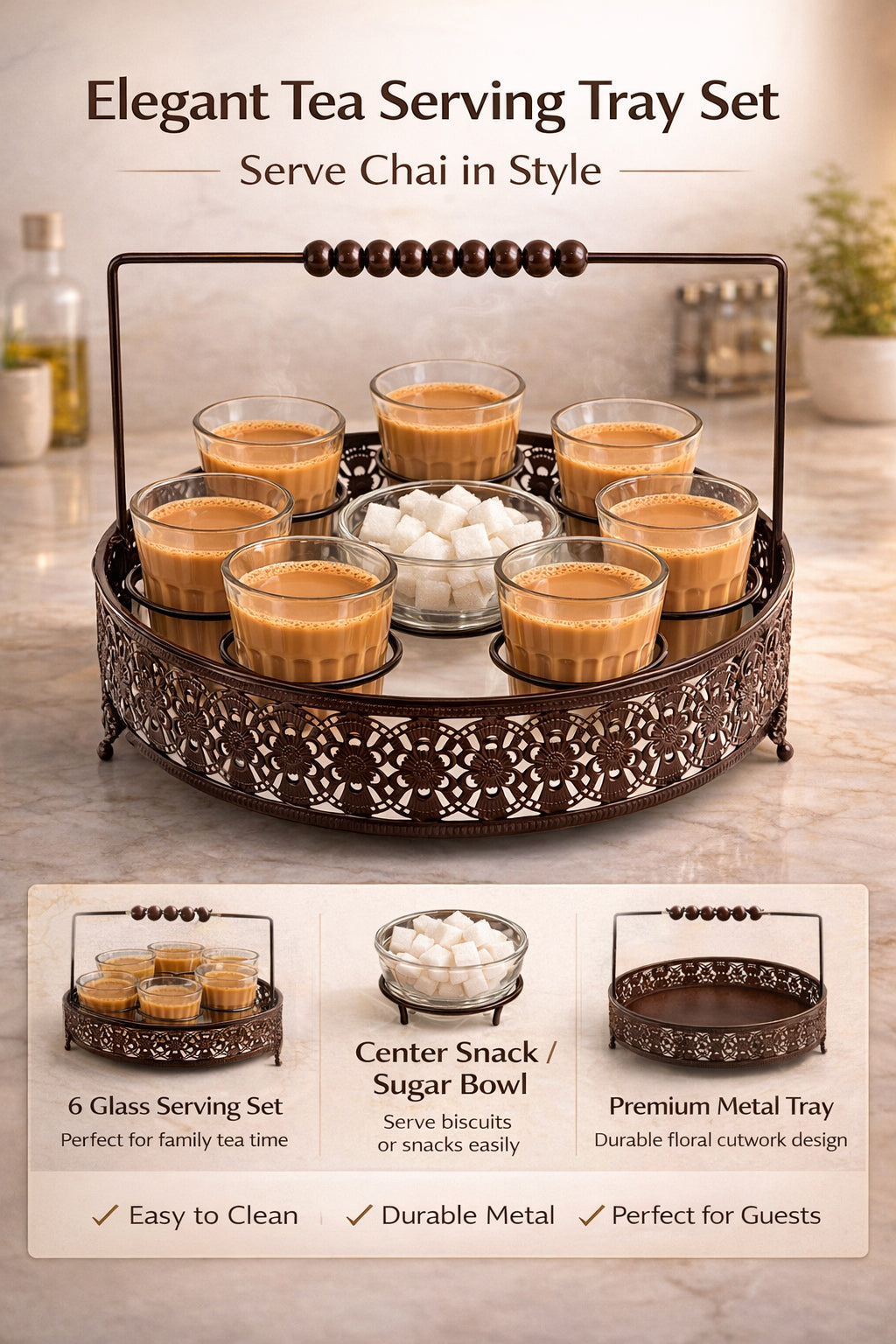 Premium Cutting Chai Glass Set of 6 with Sugar Bowl & Metal Holder | Designer Brown Iron Stand with Handle | Tea Serving Set for Home, Café, Restaurant & Kitchen Use