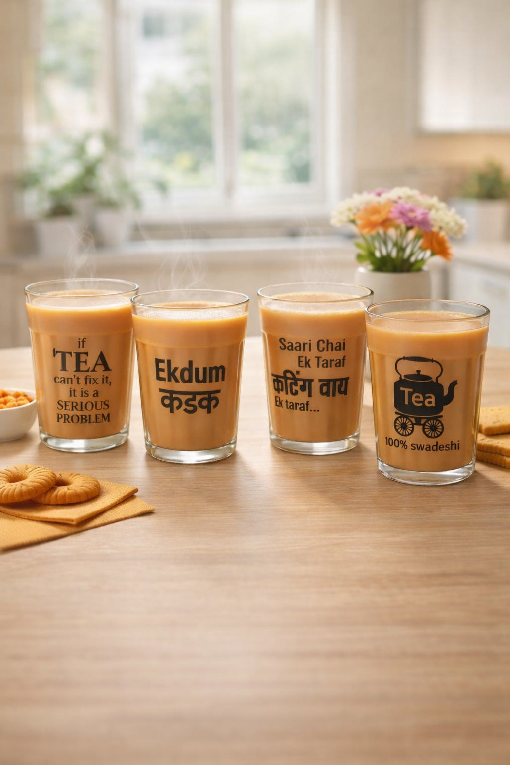 Premium Cutting Unique Printed Chai Glass Set of 4 with Silver Metal Stand | 120ml Designer Tea Glasses with Ornate Holder Tray | Stylish Tea Coffee Serving Set for Home, Café & Kitchen
