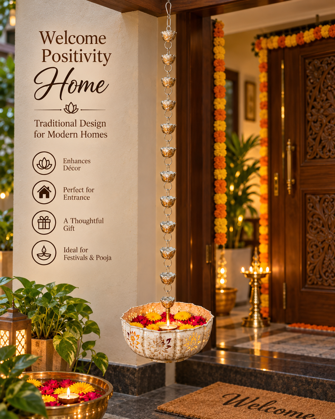 Hanging lotus urli diya bowl entrance decor