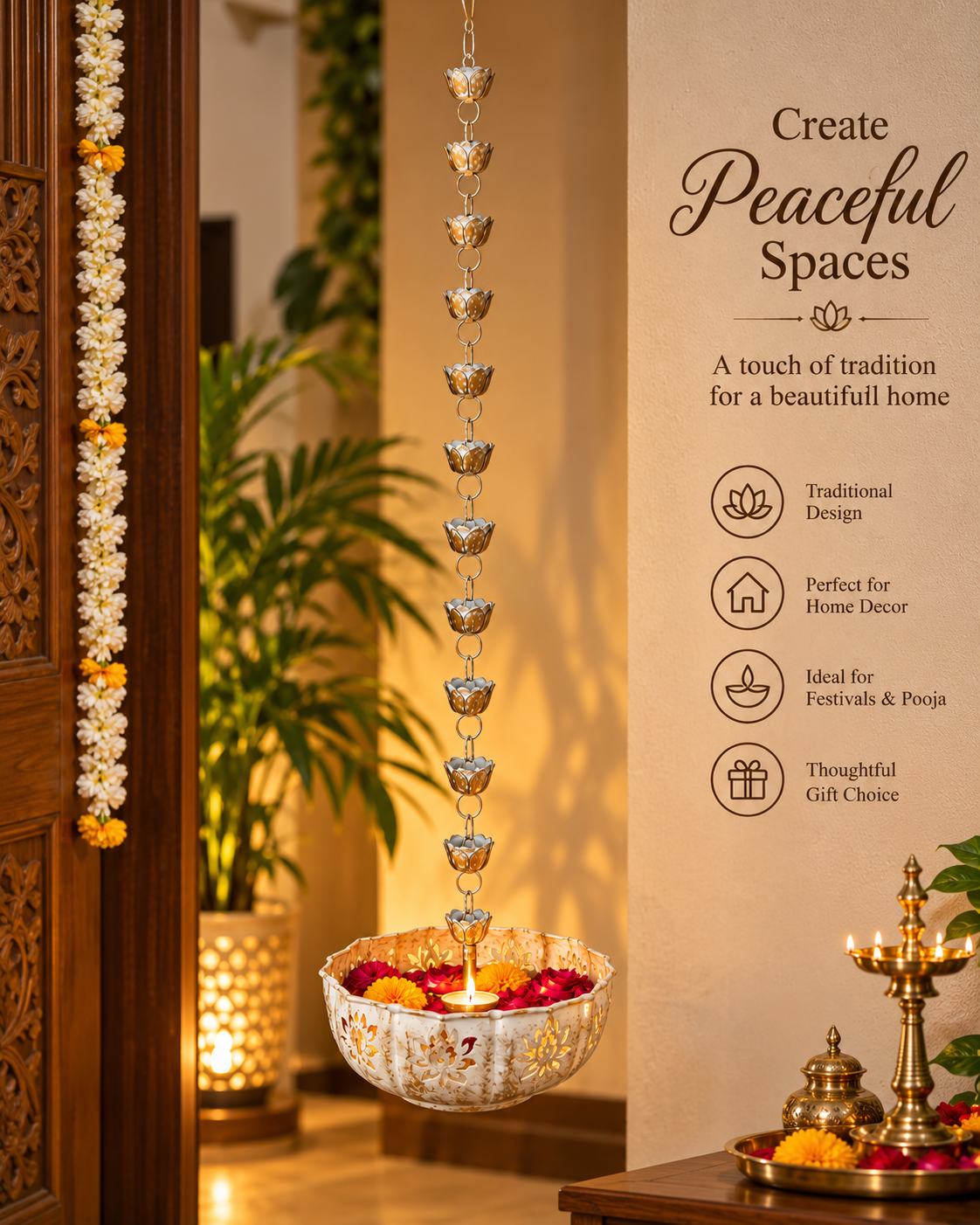 Hanging lotus urli diya bowl peaceful home decor