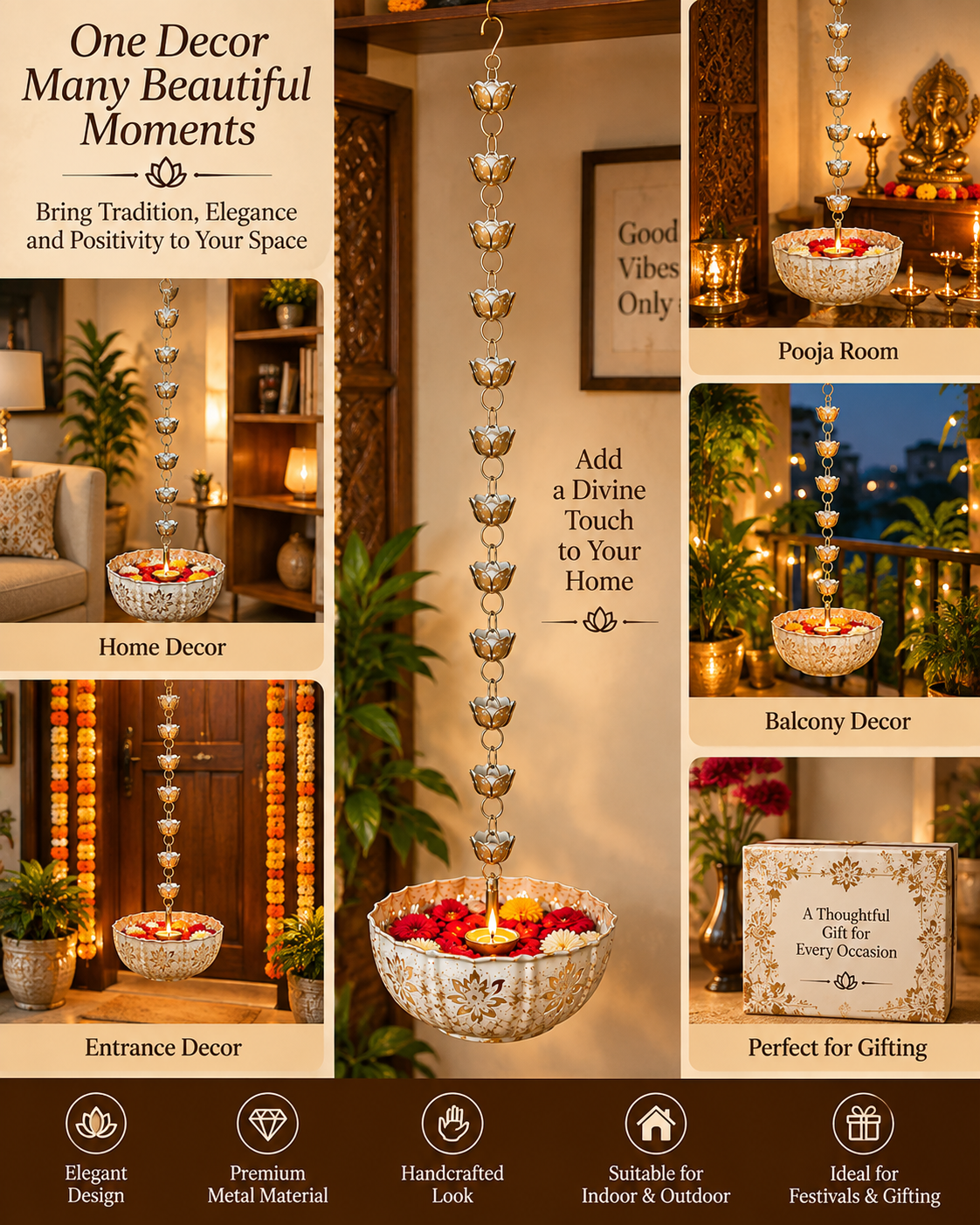 Hanging lotus urli diya bowl decor uses