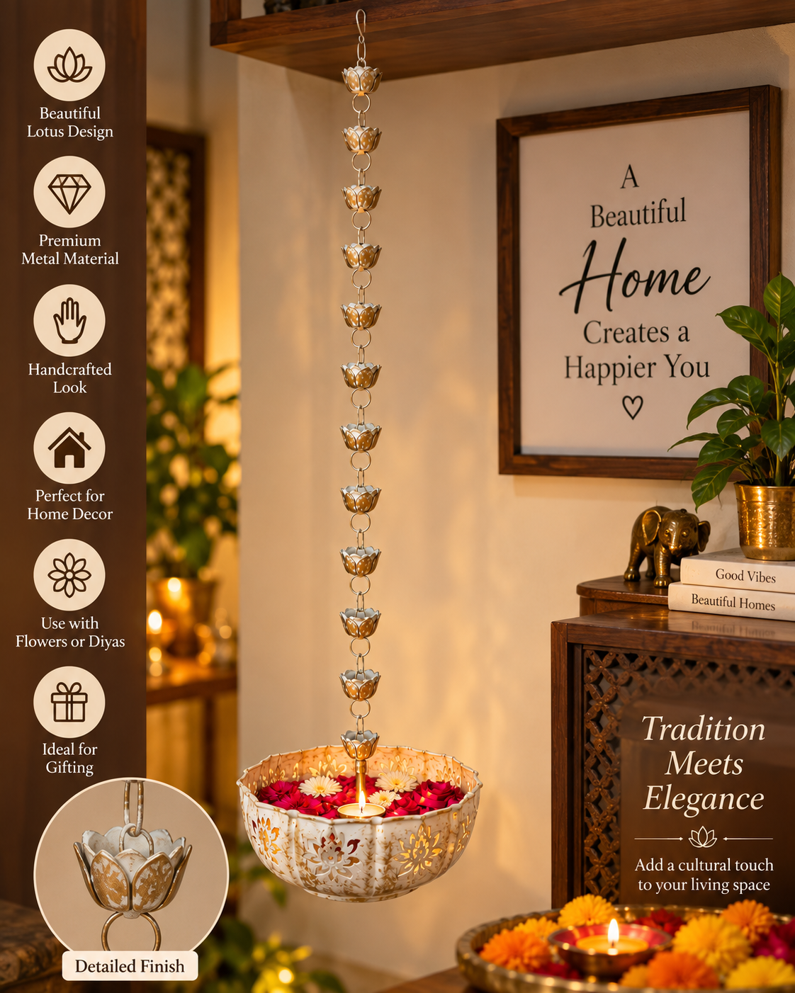 Hanging lotus urli diya bowl product details