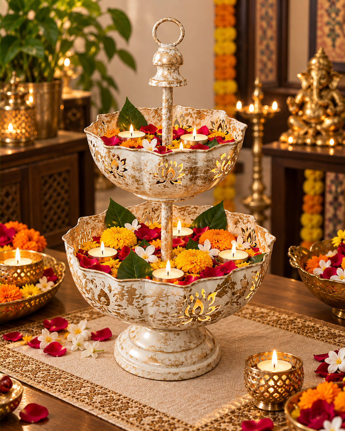 Two-tier urli bowl with flowers and diyas