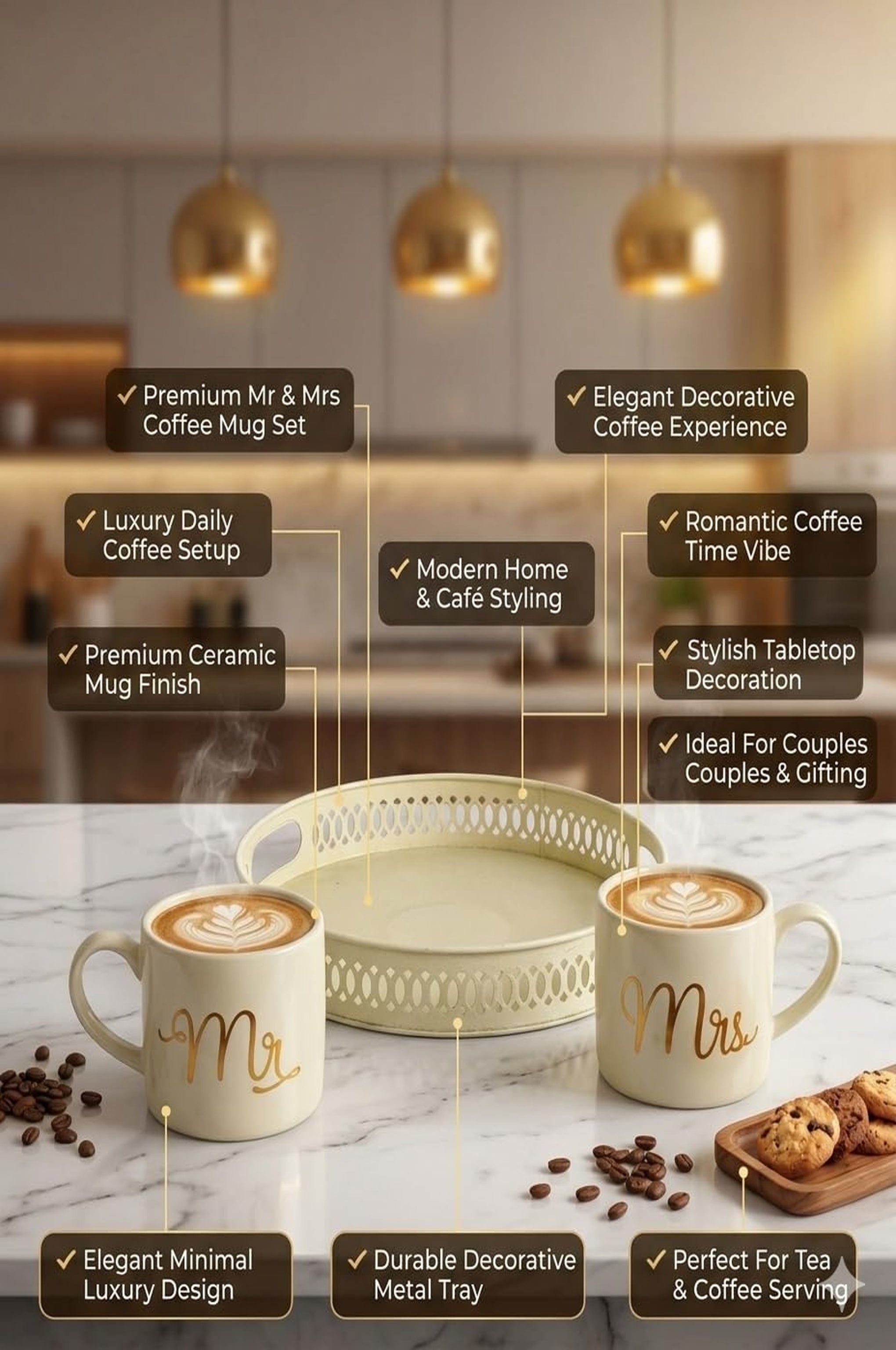 Premium Mr & Mrs Ceramic Coffee Mug Set with Decorative Metal Serving Tray | Couple Coffee Cup Set for Tea, Coffee & Hot Beverages | Elegant Gift Set for Wedding, Anniversary & Home Décor