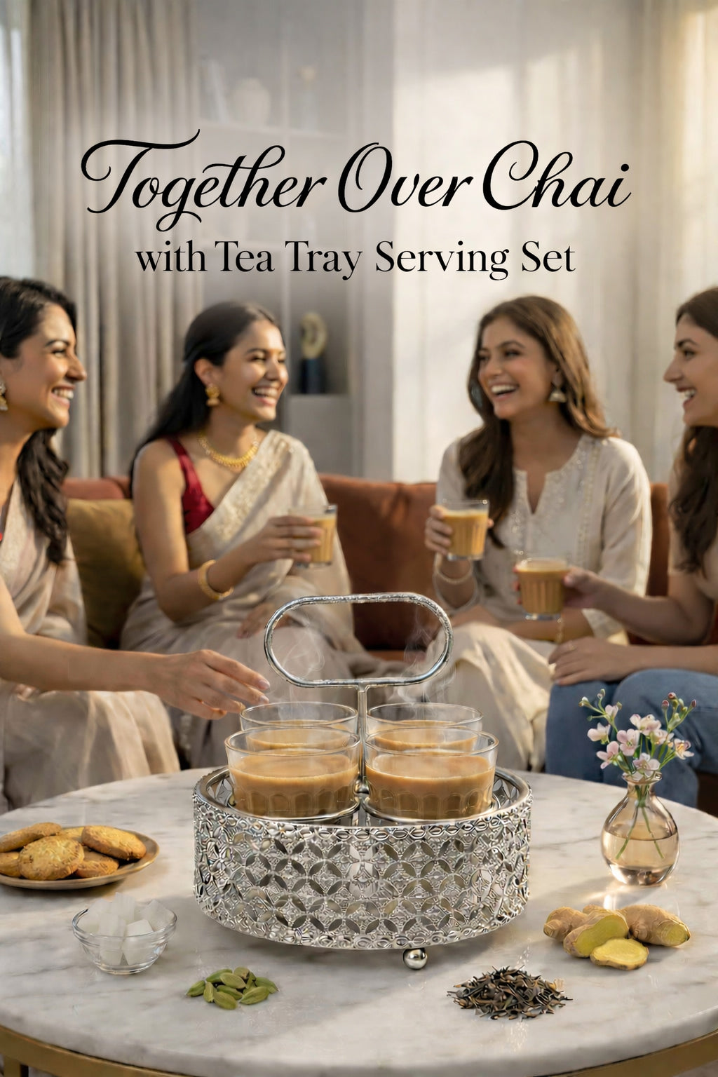Premium Cutting Unique Printed Chai Glass Set of 4 with Silver Metal Stand | 120ml Designer Tea Glasses with Ornate Holder Tray | Stylish Tea Coffee Serving Set for Home, Café & Kitchen