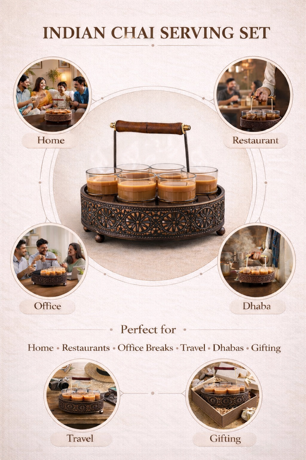 Premium Cutting Chai Glass Set of 6 with Metal Stand | Traditional Indian Tea Glasses with Heavy Brown Holder | Tapri Style Chai Cups for Home, Café, Restaurant & Kitchen Use