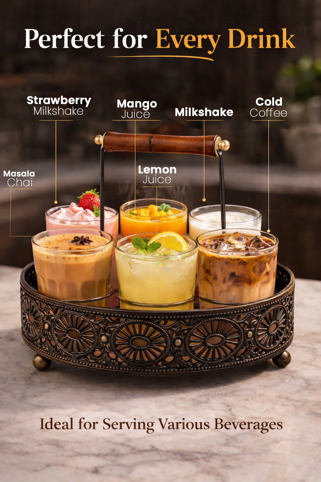 Premium Cutting Chai Glass Set of 6 with Metal Stand | Traditional Indian Tea Glasses with Heavy Brown Holder | Tapri Style Chai Cups for Home, Café, Restaurant & Kitchen Use