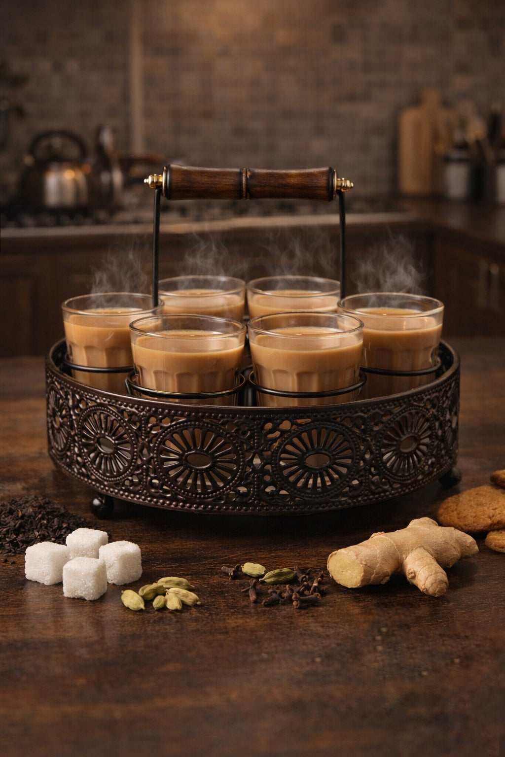 Premium Cutting Chai Glass Set of 6 with Metal Stand | Traditional Indian Tea Glasses with Heavy Brown Holder | Tapri Style Chai Cups for Home, Café, Restaurant & Kitchen Use