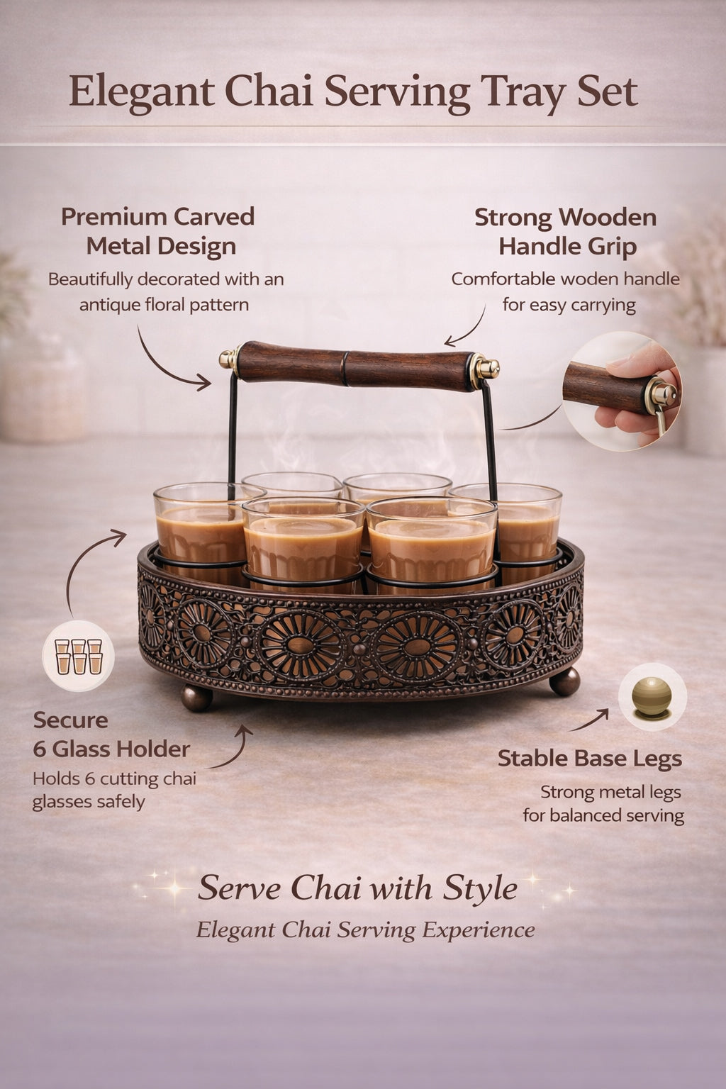 Premium Cutting Chai Glass Set of 6 with Metal Stand | Traditional Indian Tea Glasses with Heavy Brown Holder | Tapri Style Chai Cups for Home, Café, Restaurant & Kitchen Use