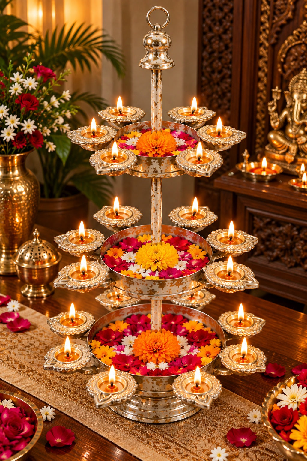 3 Tier Diya Stand with floating flowers